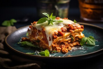 Macro detail close-up photography of a delicious lasagna on a rustic plate against a denim fabric background. AI Generation