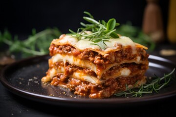 Macro detail close-up photography of a delicious lasagna on a rustic plate against a denim fabric background. AI Generation