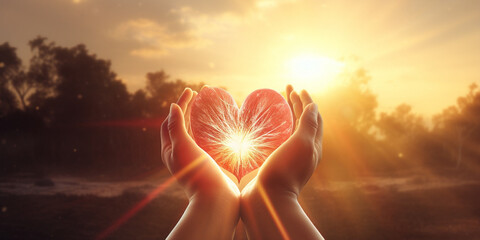 Hand holding red heart background with sun shines, red heart with light in the hand, generative AI - obrazy, fototapety, plakaty