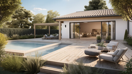 Render 3d, wizualizacja pięknego tarasu. Ogród w luksusowym domu z basenem i leżakami. Inspiracje architektura. Pomysł na urządzenie wnętrza