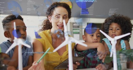 Animation of diagrams and data processing over diverse female teacher and schoolchildren learning - Powered by Adobe