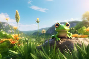 Foto op Canvas a cartoon frog on a rock in a grassy field © Andrei