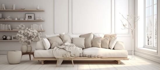 A stylish living room featuring a sleek white couch and a modern coffee table. The room is designed in a Scandinavian style, with clean lines and a minimalist aesthetic.