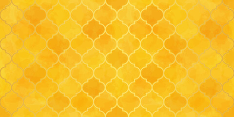 Gold Moroccan Seamless Pattern. Arabic Mosaic Watercolor Ornament. Eid Mubarak Muslim Background. Ramadan Kareem Islamic Illustration. Turkish Mosque Window Shape. - obrazy, fototapety, plakaty