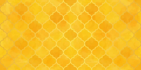 Fotobehang Gold Moroccan Seamless Pattern. Arabic Mosaic Watercolor Ornament. Eid Mubarak Muslim Background. Ramadan Kareem Islamic Illustration. Turkish Mosque Window Shape. © Good Goods
