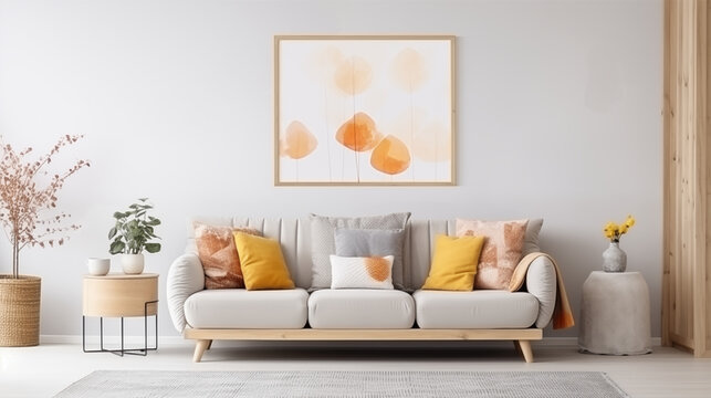 Stylowe minimalistyczne wnętrze salonu z designerską sofą, meblami, nowoczesnym obrazem i eleganckimi akcesoriami osobistymi. Wystr&oacute;j domu. Mockup na ścianie na plakat. Projektowanie wnętrz. Szablon.