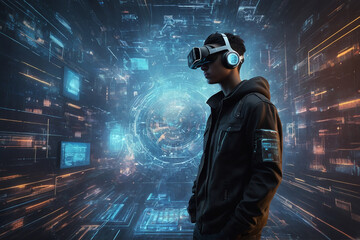 Portrait of a cyberpunk boy in a VR headset, in glasses of virtual reality, surrounded by virtual landscapes.