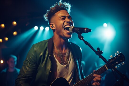 young african american man playing guitar and singing in microphone at stage, closeup on face