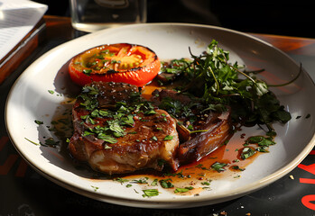 Steak on a plate sprinkled with herbs and tomatoes