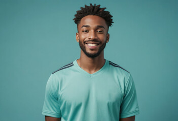 A man with an afro hairstyle in a soccer jersey poses casually, looking relaxed and cheerful. - obrazy, fototapety, plakaty