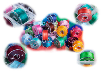 collage of plastic bobbins for a sewing machine with bright threads in a storage box.