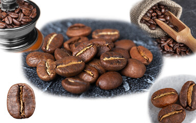 collage of fresh roasted coffee beans close up