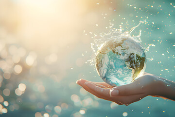 Hand holding Earth globe with water splash on blue bokeh background. World Water Day, Mother Earth day. Save water concept. Environmental problems and protection. Caring for nature and ecology