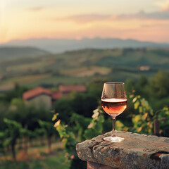 Elegant Glass of Wine Overlooking Scenic Vineyard at Sunset - obrazy, fototapety, plakaty