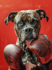Purebred German Boxer wearing gloves. Cute funny dog concept. - 747575782