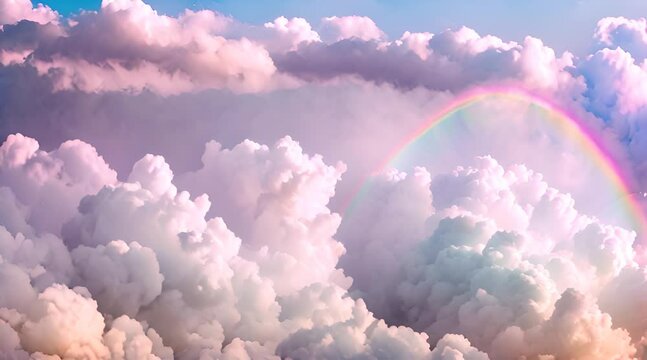 Pastel clouds with beautiful rainbow. Holographic fantasy rainbow unicorn background with clouds. Pastel color sky. Magical landscape, abstract fabulous pattern.