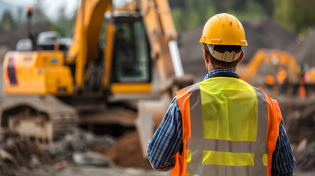 Fototapeta Operador de equipamento pesado em canteiro de obras com foco em telefoto contra um fundo borrado de equipamentos e estruturas industriais