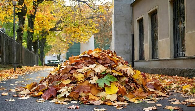 Generated image of pile of autumn leaves in the street 