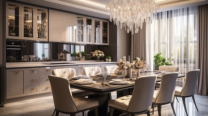 Nowoczesna kuchnia w stylu glamour z luksusowymi meblami i kryształowym żyrandolem. Render 3d.  © yeseyes9