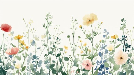 gentle watercolor painting of a meadow brimming with whimsical flowers and foliage in a delicate, pastel color palette
