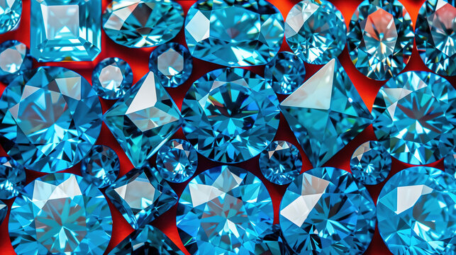Many blue diamonds of different shapes and sizes displayed