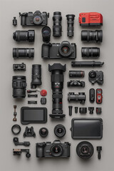 Knolling of photographer accessories – Ai generative