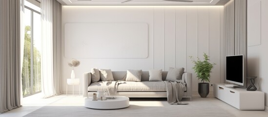 A spacious living room featuring a white couch and a large flat-screen TV. The room is brightly lit, with modern decor and air conditioning.