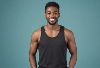 A fit man in a black tank top smiling at the camera, projecting confidence and ease.