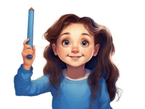 A cute little girl in blue dress with blue pencil in hand isolated on transparent background.