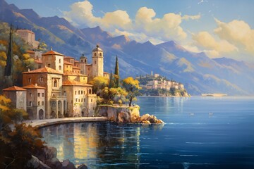 a painting of a town on a rocky shore by a body of water