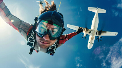 Low angle man during parachute with airplane background. - obrazy, fototapety, plakaty