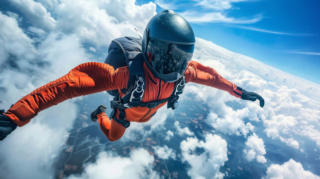 Wide angle guys are jumping a skydiving with cloudscape.