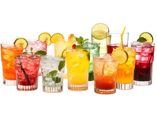 A coloured coctails many different colour with citrus, close up . Isollated on the transparent background.