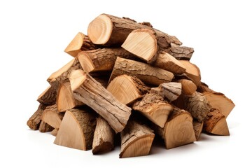 A pile of freshly cut, various sized wooden logs against a white background.