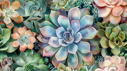 Succulents of various types, colors, and sizes in a Horizontal layout and room for copy in a Plant decor-themed, photorealistic illustration in JPG. Generative ai