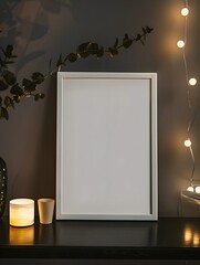 A closeup of a white poster frame mockup standing in a beautiful dark theme home, picture taken from a low perspective, and bokeh background.