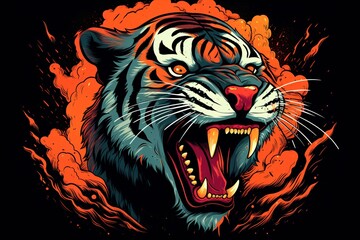 a tiger with orange smoke