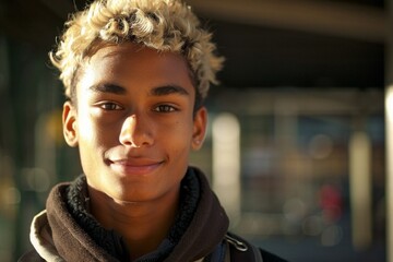 photo of a 20-year-old multiracial boy, half Scandinavian and East African, with thoughtful almond-shaped chocolate-colored eyes, a handsome face, casually styled blond short hair, smiling - obrazy, fototapety, plakaty