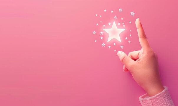 conceptual representation of aspiration with a hand reaching for a shining star on a pink backdrop