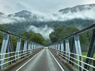 Foto op Plexiglas Brücke über den Haast River, Mount Aspiring Nationalpark, Hasst Pass, West Coast, Südinsel, Neuseeland, Ozeanien © Rainer Mirau