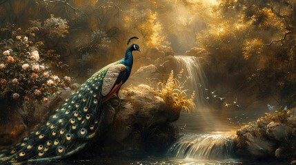 Vibrant peacock, a stunning display of nature's beauty, showcasing the colorful plumage and elegant presence of this majestic, a symbol of grace and elegance. - obrazy, fototapety, plakaty