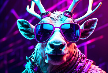 A pop art-inspired neon cyberpunk futuristic portrait of a white reindeer sporting big, powerful horns and trendy sunglasses.