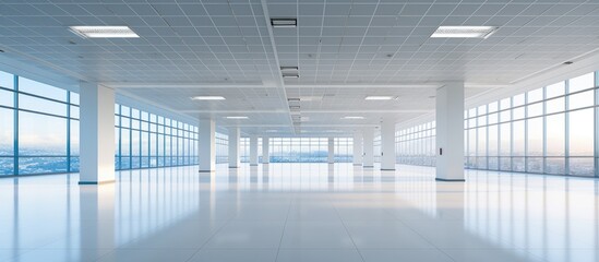 This is an interior shot of a modern empty office building with a white ceiling design. The room features large windows that overlook a sky view, allowing natural light to flood the space.
