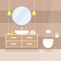 Interior of toilet room with sink, mirror and toilet, vector illustration