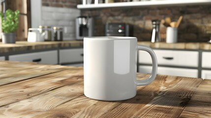blank white mockup of coffee mug 20 oz with a background of a kitchen table - obrazy, fototapety, plakaty