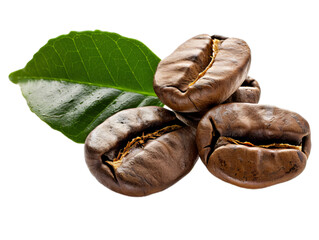 A few grains of coffee with green leaves.