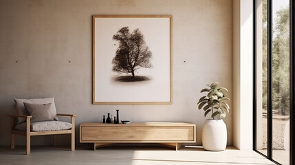 stylowe minimalistyczne wnętrze salonu z designerską komoda, fotel, nowoczesnym obrazem i eleganckimi akcesoriami osobistymi. Wystr&oacute;j domu. Mockup na ścianie na plakat. Projektowanie wnętrz. Szablon.