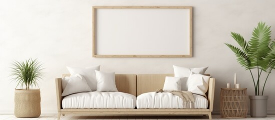 A modern living room with a comfortable couch, several potted plants, and a mockup photo frame on the wall. The room is decorated in a stylish and minimalistic manner.