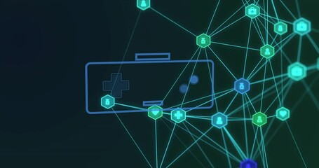 Animation of network of connections with icons over gamepad - Powered by Adobe