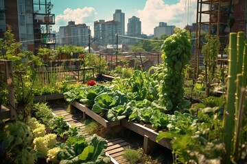 Fototapeta premium Urban garden on the rooftop of a building in the middle of the city, where skyscrapers can be seen